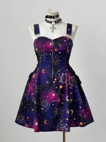 Flirla Váy midi trễ vai in họa tiết bầu trời đầy sao thời trang đa năng mới cho ngày lễ, trang trí eo xếp nếp có khóa kéo phía trước dành cho nữ, trang phục rave - Nhiều màu - Xem 5