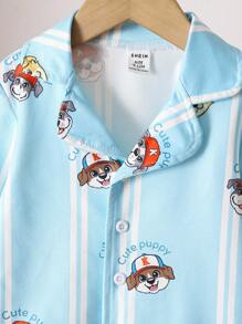 Baby Boy Knitted Collar Long Sleeve Top And Pants Set, Cute Puppy Blue Striped Casual Homewear, Spring/Autumn Puppy Print Pajamas Baby Boy Pajama Set Fall Winter - Multicolor - View 4