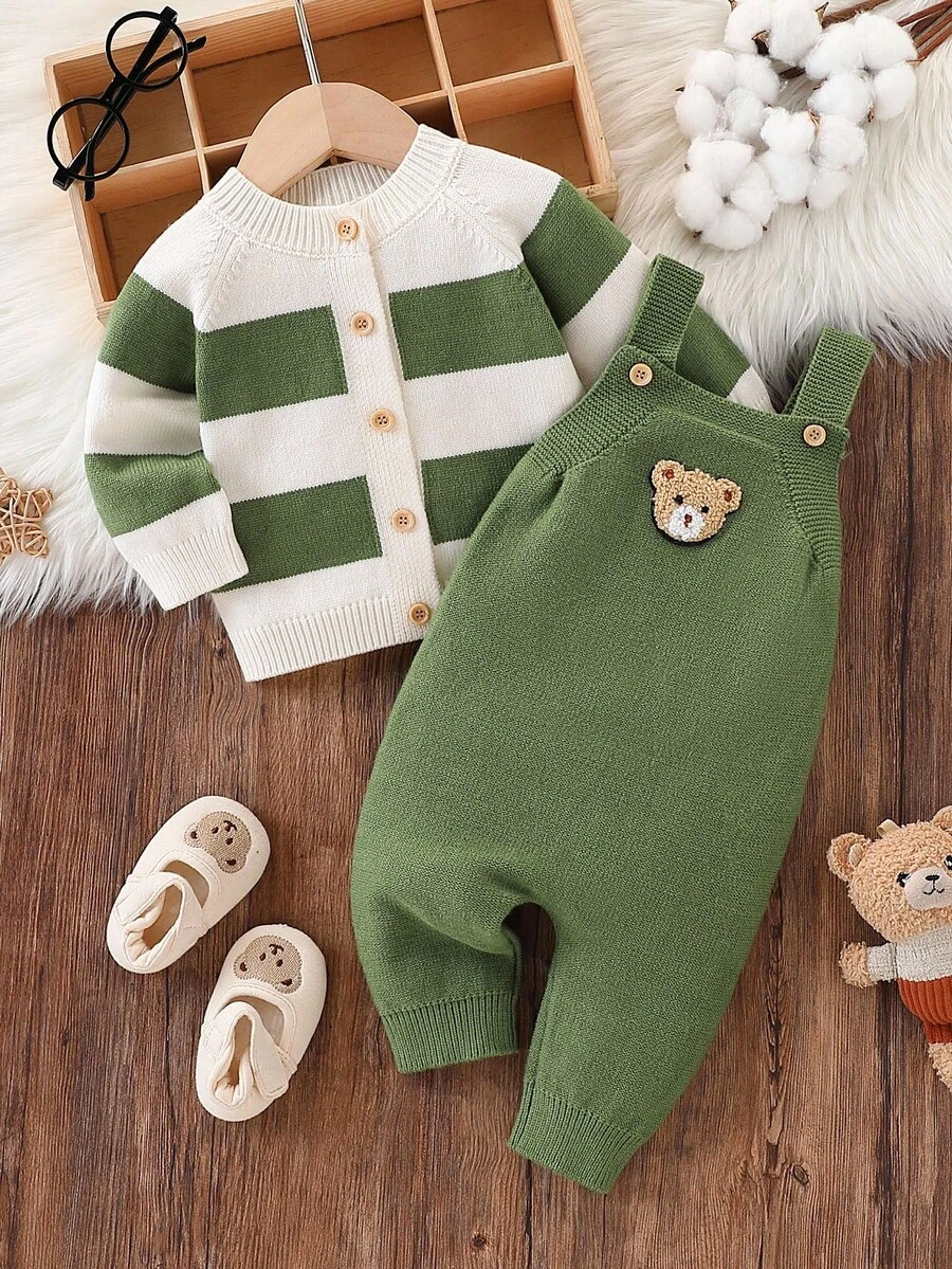 SHEIN 男婴时尚可爱百搭毛衣套装，秋冬套头毛衣，开衫针织毛衣和裤子套装 - 綠色 - 查看 1
