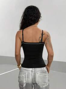 StreetHx Camiseta de tirantes de mujer con encaje de contraste y estampado vintage de rock - Negro - Ver 2