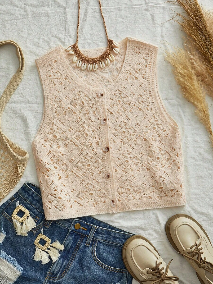 Travachic 女士纯色圆领无袖单排扣休闲镂空针织上衣 - 米色 - 查看 1