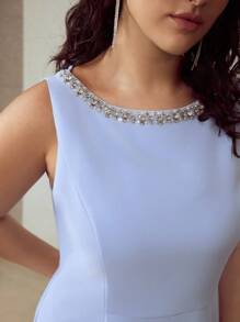 MOTF PREMIUM ROCHIE PÂNĂ LA GENUNCHI, CU DECOR CU MĂRGELE, FĂRĂ MÂNECI, MĂRIME PLUS - Bleu - Vizualizare 2