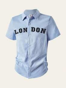 SHEIN Explorewe 1pc Tween Boy Light Blue Shirt Oxford Letter Print Short Sleeves Small Lapels Casual School Back-To-School Summer Street Spring Autumn Fit Shirt - Baby Blue - View 6