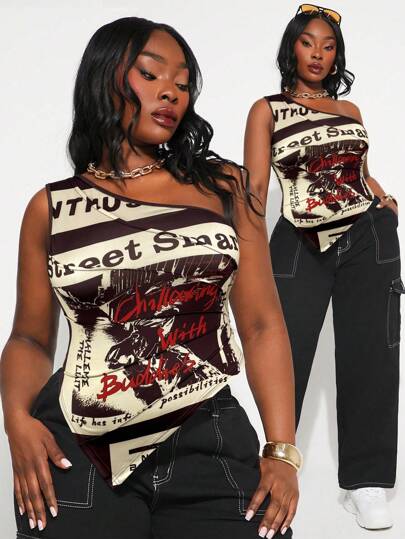 SHEIN SXY Plus Size Women's Asymmetric Shoulder Slogan Print Fitted Top, Suitable For Everyday Wear, Music Festival, Concert, Carnival Party, Beach Vacation, Date Night, Birthday, Bachelorette Party, Club, Cute, Casual, Shopping, Streetwear, Going Out