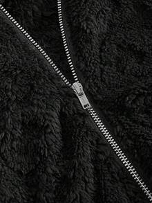 SHEIN MOD 女式连帽长袖心形图案蓬松装饰夹克，秋冬，早午餐女士，秋季婚礼宾客连帽衫，返校节，90 年代，女士深秋休闲撞色蓬松，拉链常规袖连帽常规剪裁纯色女式夹克，休闲日常穿着 - 黑色 - 查看 3