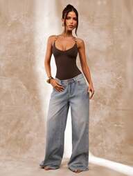 SHEIN BAE Brown Beaded Spaghetti Strap Women's Bodysuit, Summer Bodysuit, Tight Sexy Retro Camisole Strap Bodysuit, Beach Resort Vest, Pearl Beaded Camisole