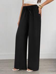 SHEIN Tall Quần ống rộng ống đứng màu trơn thoải mái, dễ mặc, có dây rút dùng hàng ngày cho nữ - màu đen - Xem 4