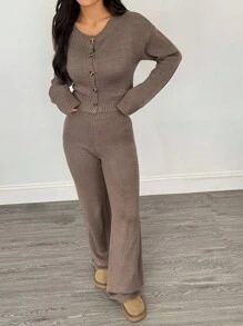 SHEIN PETITE 2件組女款羊毛寬鬆長袖休閒針織衫褲套裝，鈕扣開襟開衫，咖啡棕秋季居家服，秋季服飾，適合嬌小女性 - 棕色 - 查看 6
