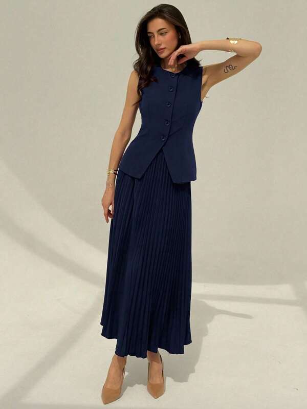 Aloruh Women 2pcs Solid Color Button Front Sleeveless Top And Mini Skirt Suit Set In Fall/Winter