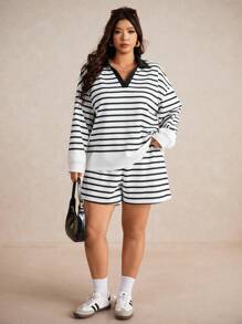 Elaquor Plus Size Striped Long Sleeve Top And Shorts 2 Pieces Set - Black - View 5