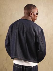 SUMWON Rohe Denim Trucker Jacke mit kontrastierendem braunem Lederkragen, Utility Workwear Stil mit Fronttaschen, klassische amerikanische Arbeiterkleidung für Herbst und Winter - Verschiedenfarbig - Übersicht 3