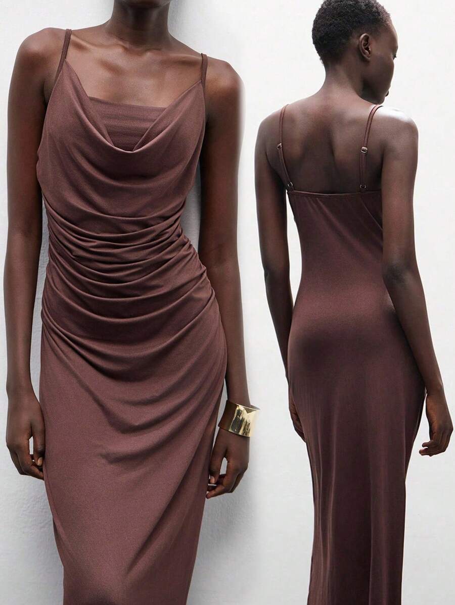 Lumivelle Women's Chocolate Brown Summer Elegant Tropical Cocktail Vintage Knit Camisole Dress,Fitted Bodycon French Pleated Decor Spaghetti Strap Midi Dress - Brown - View 1