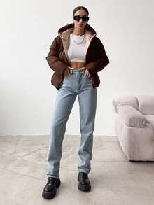 EURMUSE Áo khoác mùa đông có mũ trùm đầu, dây rút, chần bông dành cho nữ - màu nâu - Xem 5