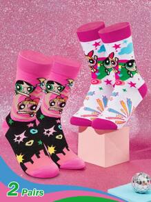 THE POWERPUFF GIRLS X SHEIN 2 đôi tất cổ cao mềm mại, thoáng khí, thấm hút mồ hôi dành cho nữ, họa tiết hoa, bong bóng, hoa mao lương, thời trang và dễ thương, màu trắng và hồng, mũi và gót được gia cố, bền bỉ, phù hợp cho mọi mùa, mọi phong cách - Nhiều màu - Xem 2