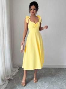 Selianne 无袖系带蝴蝶结装饰腰部A字型优雅浪漫女士连衣裙 - 奶油色 - 查看 5