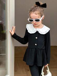 Young Girls T-Shirt Co-Ords Girls Black Two-Piece Set With White Ruffle Collar And Pearl Buttons, Elegant Preppy Long Sleeve Top And Pants Outfit - Pink - View 3