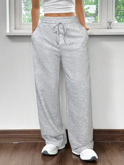 SHEIN EZwear Women's Knitted Casual Athleisure Sporty Style, Light Grey And Striped Letter Print Drawstring Wide-Leg Sweatpants Work Fitness Sports Summer