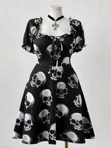 Sunspun Plus Size Women's Fashionable Halloween Skull Print Square Neck Short Dress - Multicolor - View 4