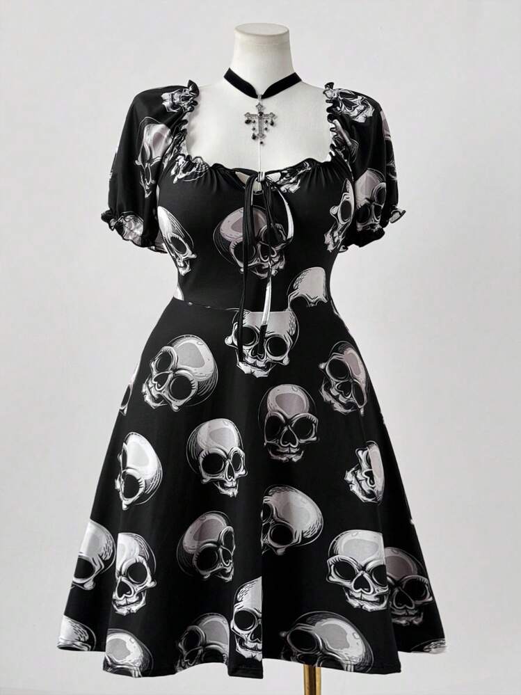 Sunspun Plus Size Women's Fashionable Halloween Skull Print Square Neck Short Dress - Multicolor - View 4