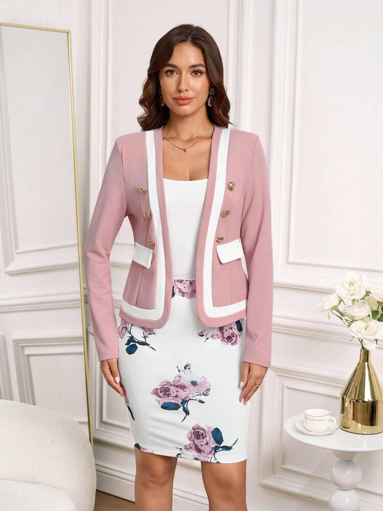 Gownix Women's Pink Blazer & Floral Print Skirt Elegant 2-Piece Suit Set,Business Casual Woman,Ack To School ,Office Outfits For Women,Church Dresses For Women,Back To School Fall Women Clothes , Lounge Sets For Women Teacher Outfits - Pink - View 5