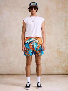 Surfspeed Men's Surfing Shark Print Beach Vacation Swimming Trunks, Summer Beach Shorts - Yellow - View 2