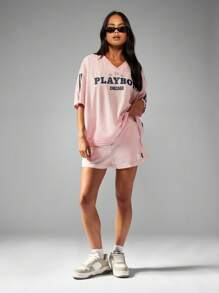 Missguided x Playboy 中长款棉质休闲家居服睡衣抽绳腰短裤舒适步行裤夏季节日沙滩装休闲日间装 - 粉色 - 查看 3