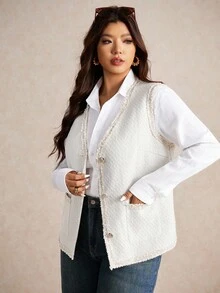 Elaquor Áo khoác vest không tay cài một hàng khuy cỡ lớn dành cho nữ vào mùa thu/đông - Màu be - Xem 6