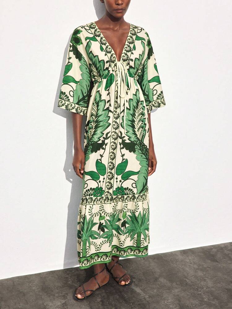 SHEIN Maija Women's Totem Print V-Neck Ruched Front Long Dress, Versatile For Urban Commute, Business, Casual, Office, Teacher Outfit, Elegant For Halloween, Christmas Party, Beach Holiday Beach Clothing, Bohemian Style Vacation Wear, All Season  Ins Celebrity Same Style Vacation Style, Exotic Atmosphere, Country Concert, Western Style Clothing, High-Grade Fabric, Comfortable And Breathable Low-Key And Durable Basic Style, All-Match And Suitable For Everyone, Street Fashion Wear, Coffee Shop Wear, Relaxed W