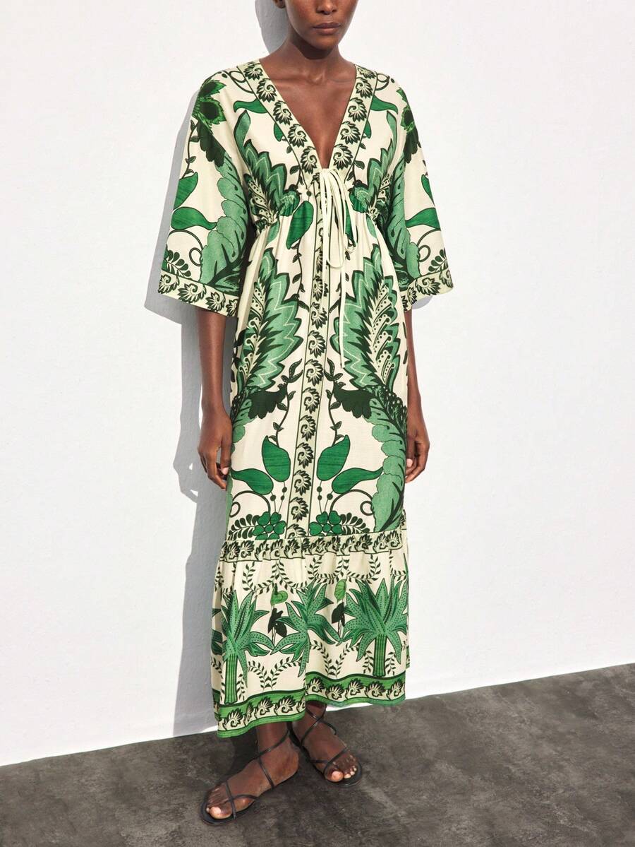 Maija 女式图腾印花 V 领褶饰长裙，百搭，适合城市通勤、商务、休闲、办公室、教师装，优雅，适合万圣节、圣诞派对、海滩度假