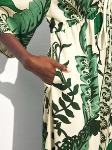 Maija 女式图腾印花 V 领褶饰长裙，百搭，适合城市通勤、商务、休闲、办公室、教师装，优雅，适合万圣节、圣诞派对、海滩度假 - 綠色 - 查看 7