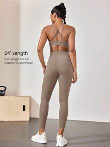 GLOWMODE 24 英寸 CoreHold FeatherFit™-Sculpt CoreHold 防滑贴身塑形无前缝紧身裤，带侧袋，中等强度健身慢跑健身房训练 - 卡其色 - 查看 3