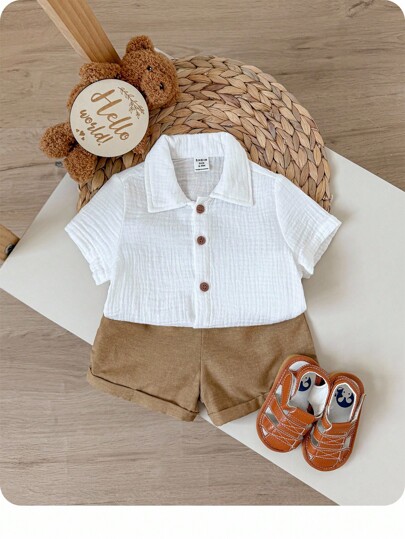 嬰兒男孩休閒素色短袖襯衫,彈性腰帶純色短褲套裝