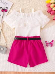 Elladie kids 年轻女孩的服装，法式荷叶边吊带背心衬衫搭配褪色粉色猫须洗水牛仔裤，适合度假、节假日 - 玫紅色 - 查看 2