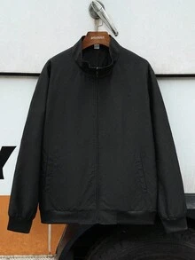 SHEIN Teenager Boys' Basic Black Jacket Back To School Casual Street Text Logo Embroidery Solid Color Versatile Comfortable Stand Collar Long Sleeve Jacket, Suitable For Commuting, School, Daily Casual, Travel, Sports, Party, Autumn/Winter Black Jacket Boys Teen Boys Jacket Zip Up Jacket Boys Fall Autumn And Winter