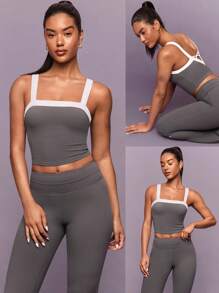 GLOWMODE FeatherFit™ Débardeur court rétro doux et élastique, évacuant la transpiration, avec bonnets amovibles, dos en V profond, bicolore. Adapté au yoga, au Pilates, à la barre, au gym, à l'usage quotidien et décontracté. - Gris foncé - Voir 8