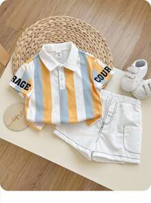 Baby Boy Colorful Striped Collared Short Sleeve Half-Opened Jumpsuit With Side Pockets Casual Shorts Two-Piece Set - Multicolor - View 1