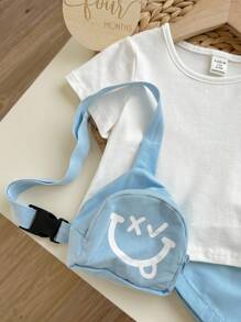 Baby Boy Unisex Round Neck Plain T-Shirt, Cartoon Pattern Backpack And Shorts 3pcs/Set - Blue and White - View 6