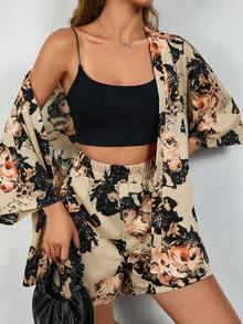 EURMUSE 2 Pieces Short Sleeve Top & Shorts Set, , Vintage Floral Printed - Multicolor - View 5