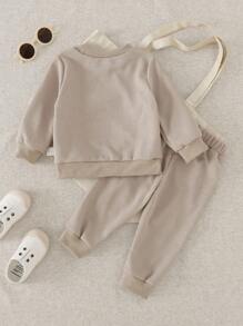 SHEIN 2pcs Baby Boy Toddler Newborn 0-3 Years Old Casual Everyday Waffle Knit Crew Neck Sweatshirt And Pants Set, Beige And Khaki Fall Winter - Khaki - View 2