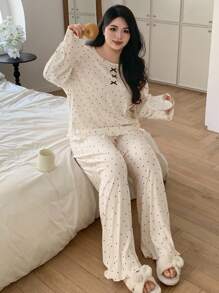 Dazy Plus 大码女式蝴蝶结装饰撞色蕾丝波点宽松睡衣套装，上衣和裤子，舒适套装，秋冬服装 - 白色 - 查看 6