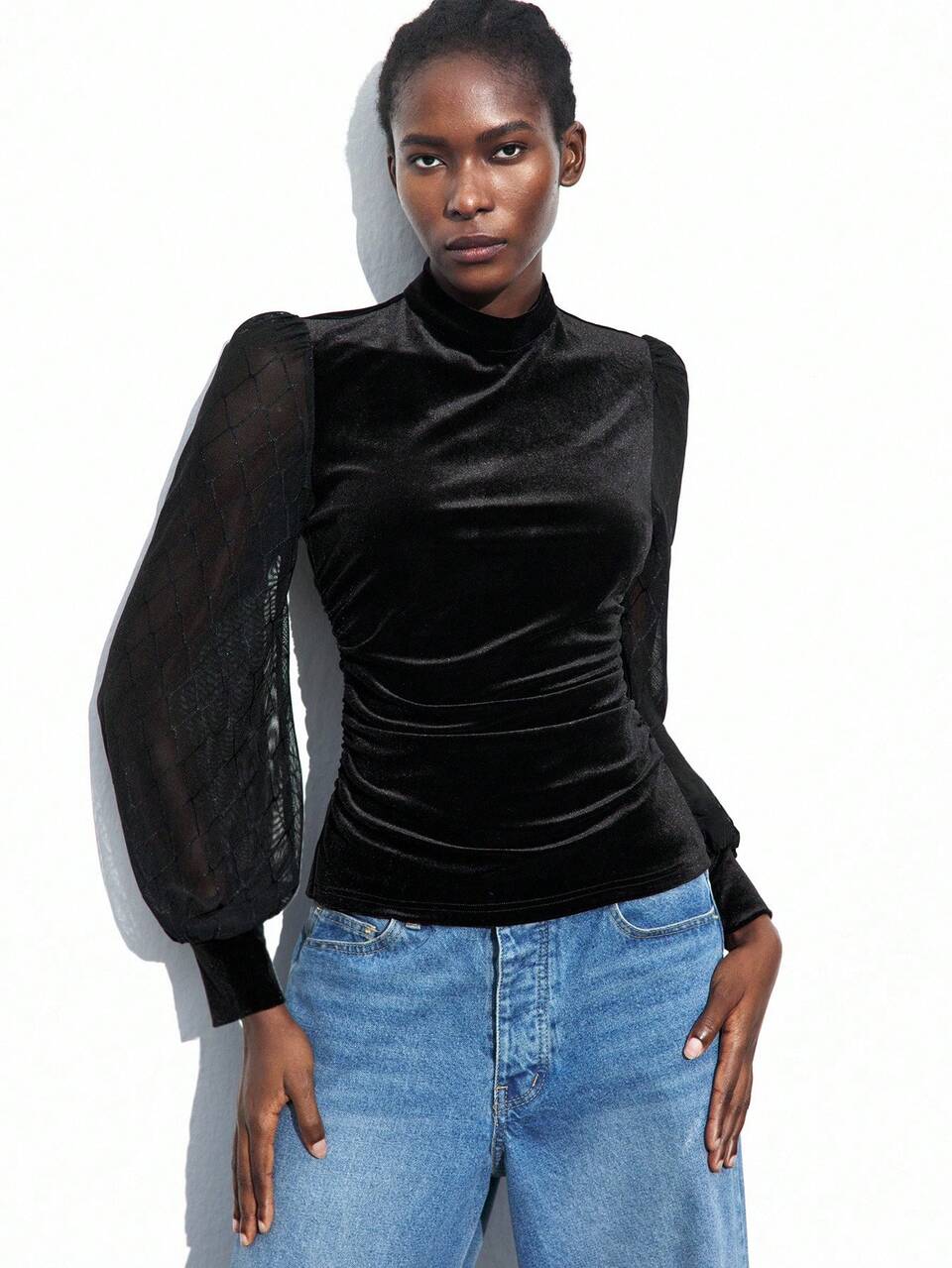 SHEIN Maija Elegant Black Velvet Turtleneck Blouse For Women,Autumn Night Out Mesh Patchwork Raglan Sleeve Fitted Waist Pleated Top Halloween Christmas Clothing