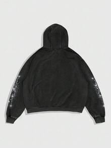 ROMWE MEN Men's Casual Gothic Everyday Rhinestone Zipper Front Drawstring Hoodie Sweatshirt , Fall - Black - View 2