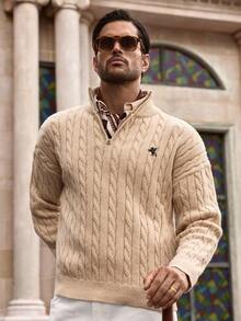 HIMLAND Men's Autumn/Winter Zipper Half-Open Chest Fashionable Knitted Pullover Sweater, Casual Knitwear Cable Knit Sweater Men Knit Jersey Quarter Zip Polo Sweater, Long Sleeve Top - Apricot - View 3