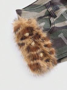 ROMWE J-Fashion Quần short denim cạp siêu thấp họa tiết ngụy trang, ngôi sao, họa tiết camo Kpop Y2K - xanh quân đội - Xem 3