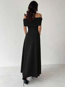 Firerie 女士优雅简约精致浪漫时尚性感连衣裙，露肩高腰 A 字形伞裙，适合度假、通勤、约会，灰色长裙 - 黑色 - 查看 7