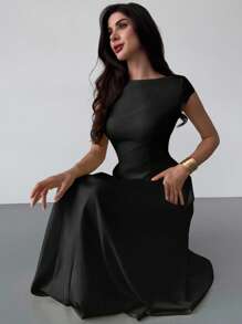 Firerie 女士优雅日常时尚新款度假喇叭腰 A 字中长连衣裙，黄色 - 黑色 - 查看 6