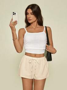 SHEIN Tall Quần short lưng thấp mùa hè dành cho nữ làm từ 100% cotton, cotton và vải lanh - Màu be - Xem 4