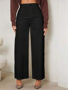 SHEIN Tall Women's Casual High Waist Wide Leg Pants, Solid Color Black Pants,Fall, Tall Women - Black - View 3