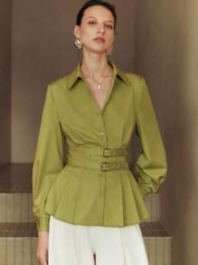Arave 女士梭织棉质莫代尔纯色绿色衬衫领长袖半开腰系带优雅休闲办公室衬衫，春秋 - 綠色 - 查看 6