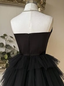 Lovelzi 优雅奢华红色哑光缎面手工水钻缀饰露肩蝴蝶结装饰 A 字褶皱礼服 - 黑色 - 查看 7